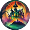 Kulatý jedlý obrázek na dort – Halloween, strašidelný zámek za úplňku (žlutá, zelená, fialová)