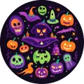 Kulatý jedlý obrázek na dort – Halloween, čarodějnický klobouk a lebky (fialová, černá, zelená)