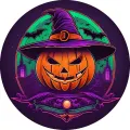 Kulatý jedlý obrázek na dort – Halloween, dýně v klobouku a zelený měsíc (žlutá, fialová, zelená)