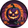 Kulatý jedlý obrázek na dort – Halloween, fialová zářící dýně a hrad (fialová, žlutá, černá)