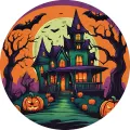 Kulatý jedlý obrázek na dort – Halloween, viktoriánský dům s dýněmi (černá, žlutá, fialová)