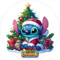 Kulatý jedlý obrázek na dort – Lilo & Stitch, Stitch, dárky a stromeček (modrá, červená, zelená)