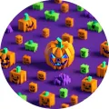Kulatý jedlý obrázek na dort – Halloween, geometrická kostičkovaná dýně (fialová, žlutá, zelená)