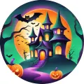 Kulatý jedlý obrázek na dort – Halloween, Sídlo s fialovou cestičkou (fialová, žlutá, tyrkysová)