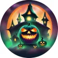 Kulatý jedlý obrázek na dort – Halloween, zelená dýně a tajemný zámek (žlutá, fialová, zelená)