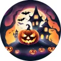 Kulatý jedlý obrázek na dort – Halloween, Dýně na kopci a hrad (fialová, žlutá, černá)