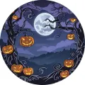 Kulatý jedlý obrázek na dort – Halloween, dýně visící na větvích (fialová, černá, žlutá)