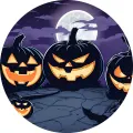 Kulatý jedlý obrázek na dort – Halloween, parta dýní pod úplňkem (fialová, černá, žlutá)