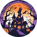 Kulatý jedlý obrázek na dort – Halloween, Gotický dům a obří měsíc (fialová, černá, žlutá)