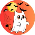 Kulatý jedlý obrázek na dort – Halloween, Bílá kočička jako duch (žlutá, bílá, černá)