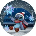 Kulatý jedlý obrázek na dort – Lilo & Stitch, Stitch v šále a botičkách (modrá, bílá, červená)