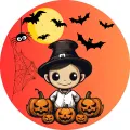Kulatý jedlý obrázek na dort – Halloween, Chlapec v klobouku s dýněmi (červená, černá, žlutá)