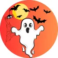 Kulatý jedlý obrázek na dort – Halloween, Překvapený bílý duch (žlutá, černá, bílá)