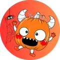 Kulatý jedlý obrázek na dort – Halloween, veselá dýně s růžky a pavouk (červená, černá, bílá)