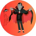 Kulatý jedlý obrázek na dort – Halloween, Usměvavý upír s pláštěm (červená, černá, žlutá)