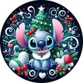 Kulatý jedlý obrázek na dort – Lilo & Stitch, Stitch s mašlí u stromečku (modrá, zelená, červená)
