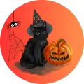 Kulatý jedlý obrázek na dort – Halloween, Černá kočka s kloboukem a dýně (černá, červená, žlutá)