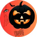 Kulatý jedlý obrázek na dort – Halloween, černá dýně a nápis Boo! (černá, žlutá, červená)