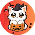 Kulatý jedlý obrázek na dort – Halloween, Bílé kotě u dýně (červená, černá, bílá)