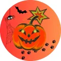 Kulatý jedlý obrázek na dort – Halloween, usměvavá dýně a netopýr (červená, černá, zelená)