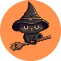 Kulatý jedlý obrázek na dort – Halloween, kočka na koštěti v klobouku (černá, žlutá, hnědá)