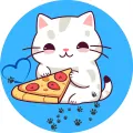 Kulatý jedlý obrázek na dort – Kočička a pizza, modré pozadí a tlapky (modrá, bílá, žlutá)