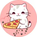 Kulatý jedlý obrázek na dort – Kočička a pizza, růžové pozadí a srdíčko (růžová, bílá, žlutá)