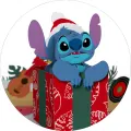 Kulatý jedlý obrázek na dort – Lilo & Stitch, Stitch v dárku s ukulele (modrá, červená, bílá)