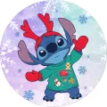 Kulatý jedlý obrázek na dort – Lilo & Stitch, Stitch v zeleném svetru (modrá, červená, fialová)