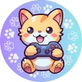 Kulatý jedlý obrázek na dort – Kocourek hráč, zrzavé kotě s gamepadem (žlutá, fialová, modrá)