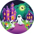 Kulatý jedlý obrázek na dort – Halloween, Fialové sídlo a bílí duchové (fialová, zelená, žlutá)