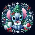 Kulatý jedlý obrázek na dort – Lilo & Stitch zima, Stitch u stromku s mašlí (modrá, zelená, červená)
