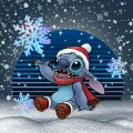 Kulatý jedlý obrázek na dort – Lilo & Stitch, zima, Vánoce, 20 cm čtverec (modrá, bílá, červená)
