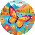 Kulatý jedlý obrázek na dort – Motýl kreslený (žlutá, modrá, červená)