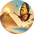 Kulatý jedlý obrázek na dort – Motýlci, Egypt, oranžový motýl a palmy (žlutá, modrá, hnědá)