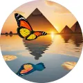 Kulatý jedlý obrázek na dort – Motýlci, Egypt, monarcha při západu slunce (žlutá, hnědá, modrá)