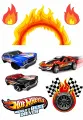 Obdélníkový jedlý papír k výřezu – Hot Wheels, 3 auta, ohnivý oblouk a vlajky (červená, modrá, černá)