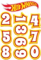 Obdélníkový jedlý papír k výřezu – Číslovky 0–9, styl Hot Wheels (žlutá, červená, bílá)