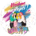 Kulatý jedlý obrázek na dort – Lollipopz Vše nejlepší, v objetí s hvězdami (růžová, modrá, žlutá)