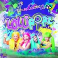 Obdélníkový jedlý obrázek na dort – Lollipopz, fialovo-modrý nápis a cákance (modrá, růžová, žlutá)
