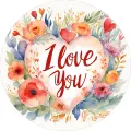 Kulatý jedlý obrázek na dort – I Love You, Květinový akvarelový věnec (červená, růžová, zelená)