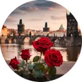 Kulatý jedlý obrázek na dort – Praha, růže (červená, hnědá, šedá)
