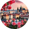Kulatý jedlý obrázek na dort – Praha, růže, Valentýn (růžová, červená, modrá)