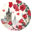 Kulatý jedlý obrázek na dort – Malovaná Praha, květiny, Valentýn (červená, růžová, bílá)