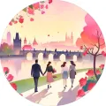 Kulatý jedlý obrázek na dort – Retro Praha, květiny, Valentýn (růžová, fialová, červená)