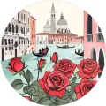 Kulatý jedlý obrázek na dort – Romantické Benátky, růže, Valentýn (červená, růžová, tyrkysová)