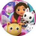 Kulatý jedlý obrázek na dort – Gábinin domek, Gábi s Pandou, duha a mráčky (růžová, fialová, bílá)