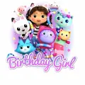 Kulatý jedlý obrázek na dort – Gábinin domek, nápis Birthday Girl (růžová, fialová, tyrkysová)