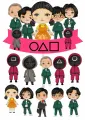Obdélníkový jedlý papír k výřezu – Hra na oliheň, Chibi postavičky a růžová stuha (zelená, růžová, černá)