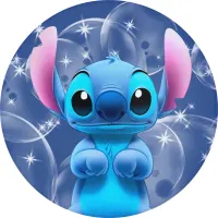 Kulatý jedlý obrázek na dort – Lilo a Stitch, Stitch s bublinami a hvězdami (modrá, růžová)